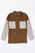 Brown Plaid Patchwork Corduroy Shirt Jacket With Pocket